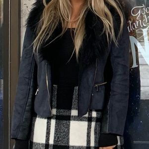 Barney’s Navy Suede and Leather Jacket with removable Black Faux Fur Collar